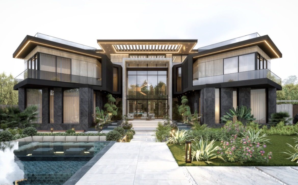 Mansion with illuminated pergola and reflecting pool