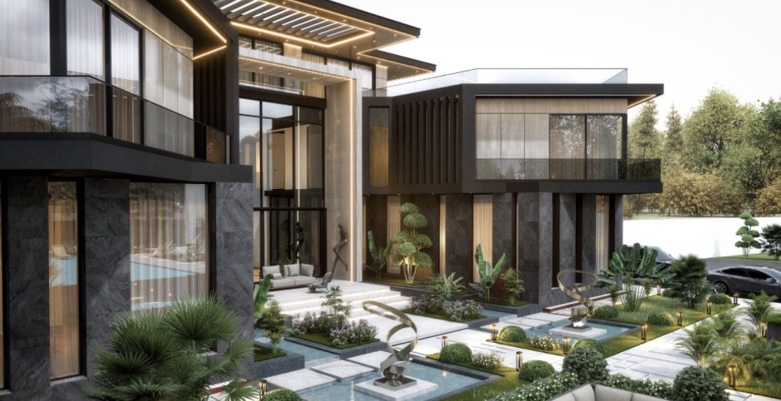 Mansion courtyard with sculptural water features