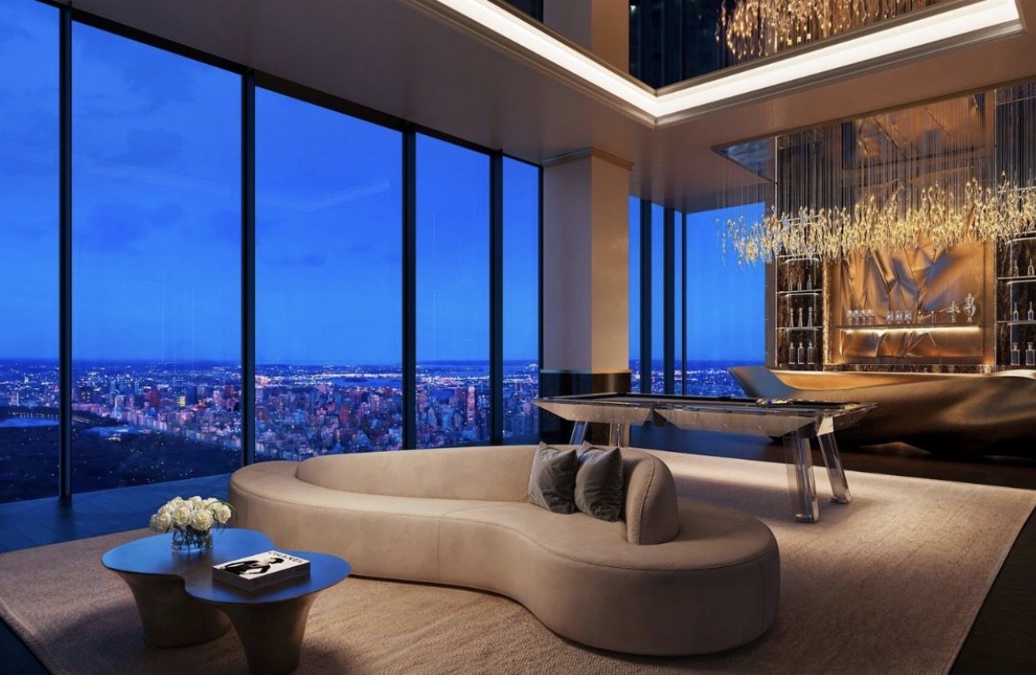 Penthouse lounge with panoramic city skyline views
